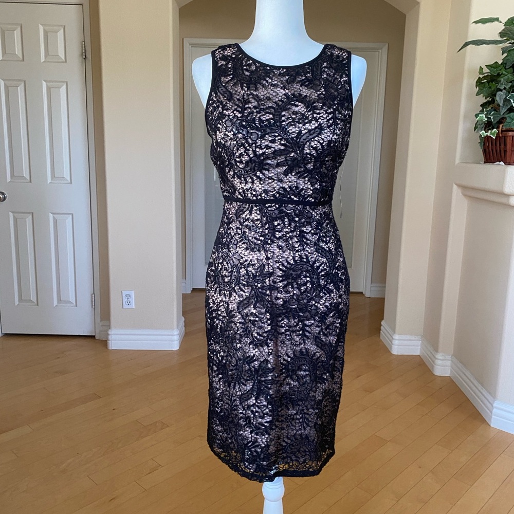 NWT Sequined Lace Stretch Black/Nude Sheath Midi Dress